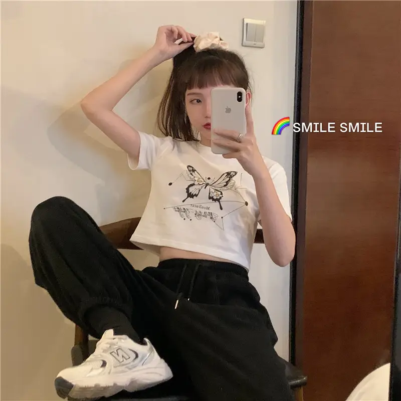 Women Butterfly Crop Top T-Shirt Light Blue Harajuku Style — feature 24