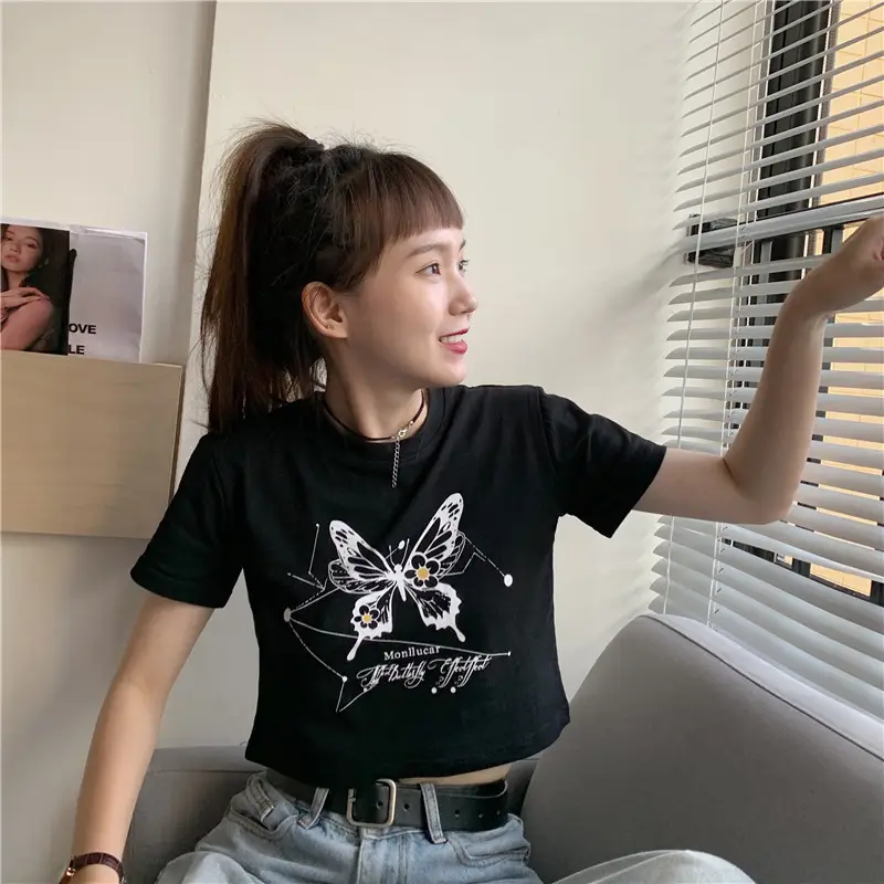 Women Butterfly Crop Top T-Shirt Light Blue Harajuku Style — feature 4