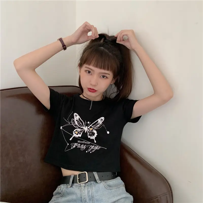 Women Butterfly Crop Top T-Shirt Light Blue Harajuku Style — feature 6
