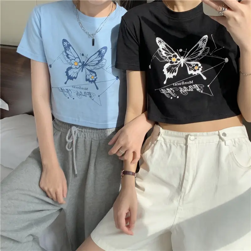 Women Butterfly Crop Top T-Shirt Light Blue Harajuku Style — feature 7