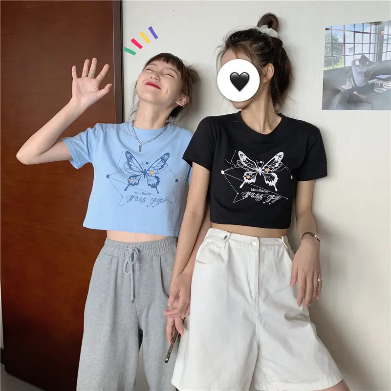 Women Butterfly Crop Top T-Shirt Light Blue Harajuku Style — feature 8
