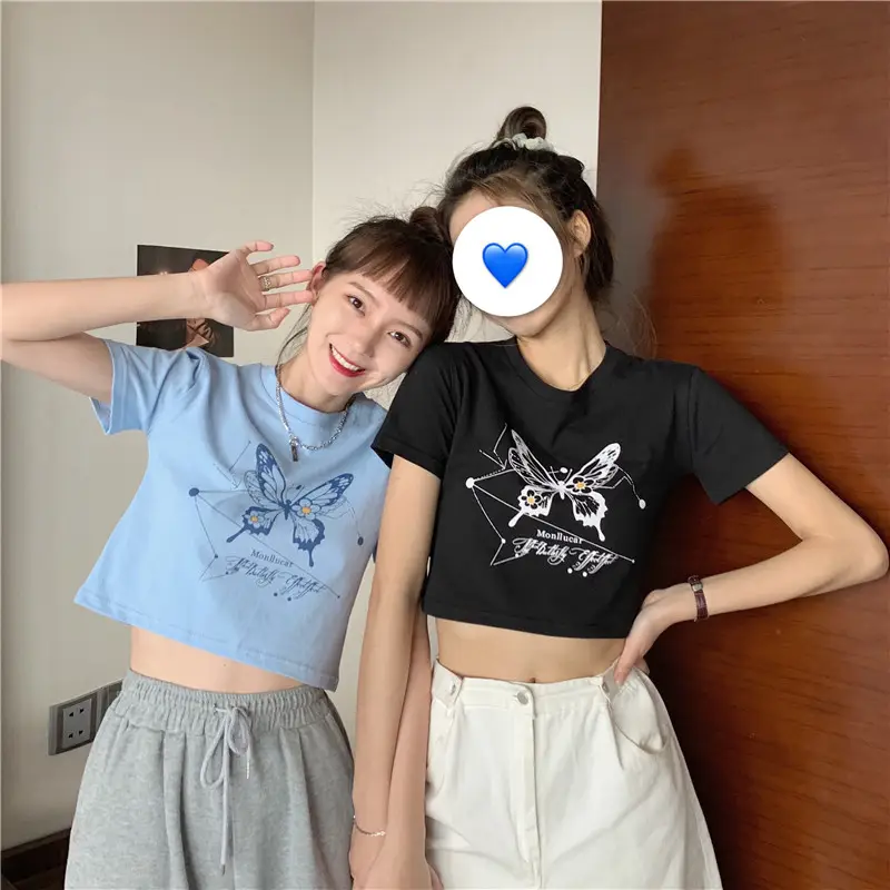 Women Butterfly Crop Top T-Shirt Light Blue Harajuku Style — feature 9