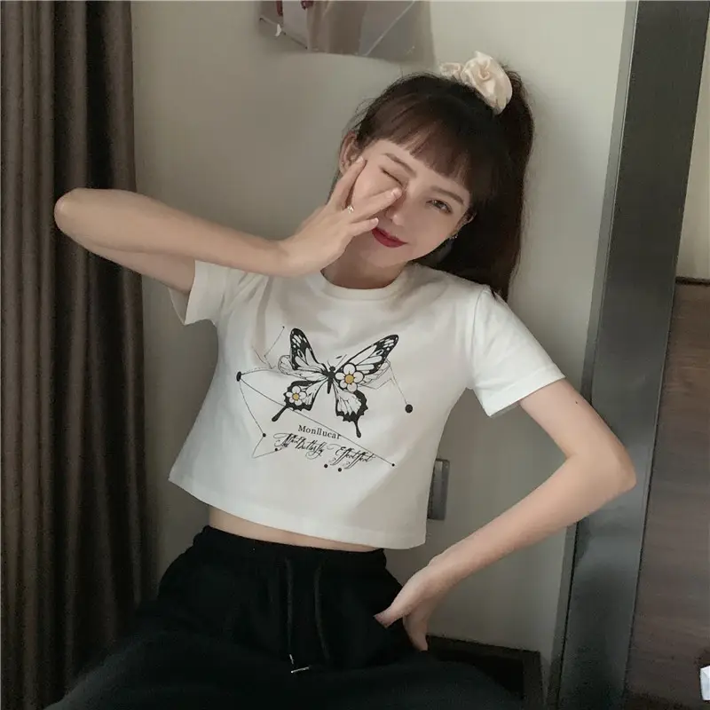 Women Butterfly Crop Top T-Shirt Light Blue Harajuku Style
