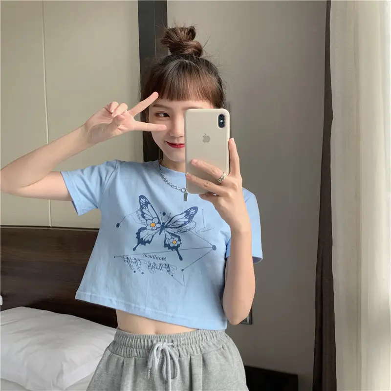 Women Butterfly Crop Top T-Shirt Light Blue Harajuku Style