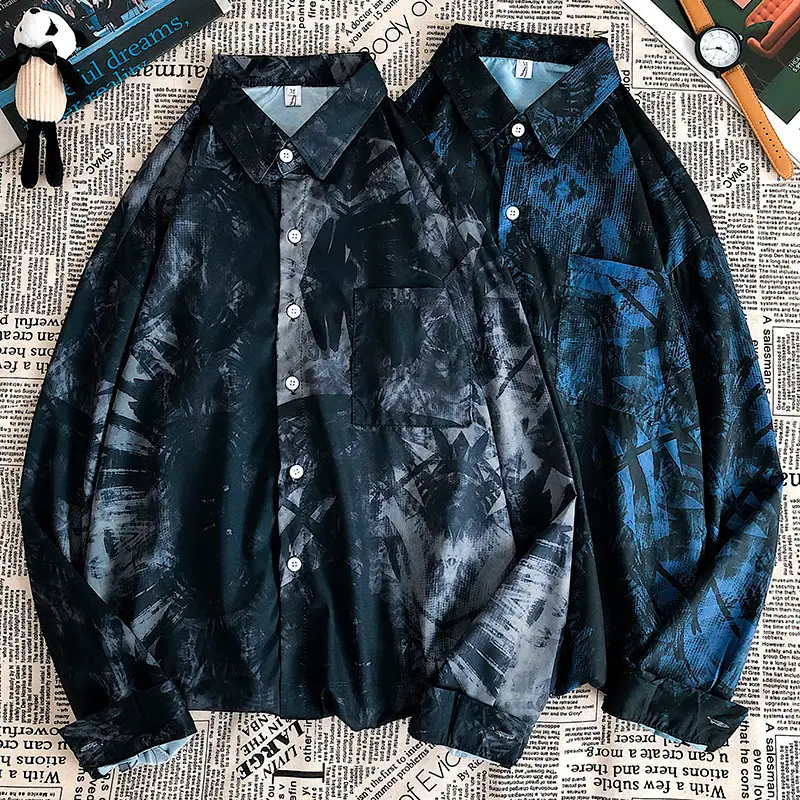 Men Tie-Dye Long Sleeve Shirt Black Blue Spring Autumn Casual - Image 5