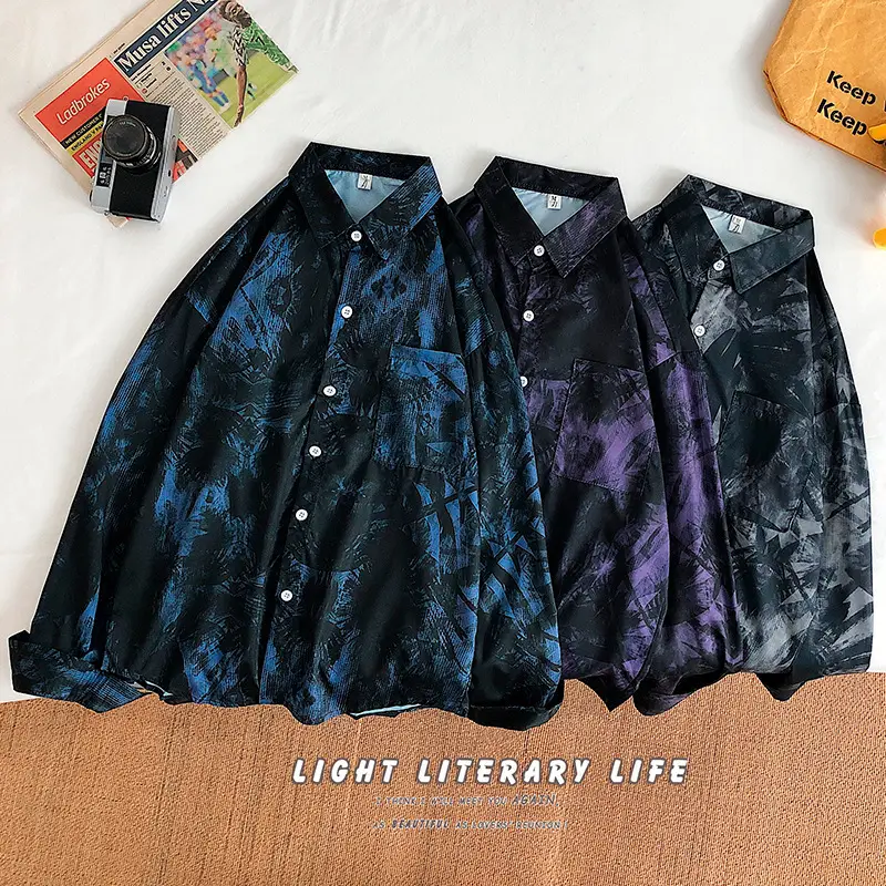 Men Tie-Dye Long Sleeve Shirt Black Blue Spring Autumn Casual - Image 6