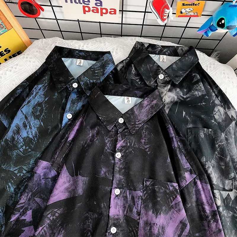 Men Tie-Dye Long Sleeve Shirt Black Blue Spring Autumn Casual - Image 7