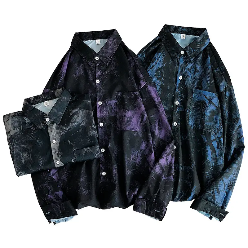 Men Tie-Dye Long Sleeve Shirt Black Blue Spring Autumn Casual - Image 8