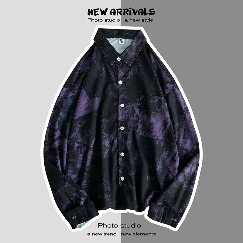 Men Tie-Dye Long Sleeve Shirt Black Blue Spring Autumn Casual - Image 3