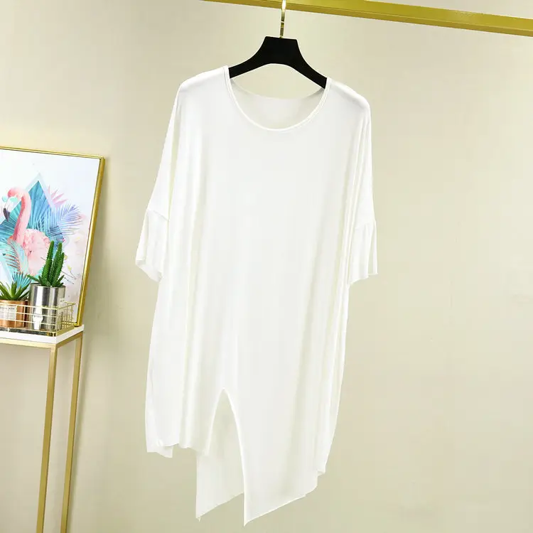 Women's Beige Modal T-Shirt Mid Length Loose Fit - Image 7