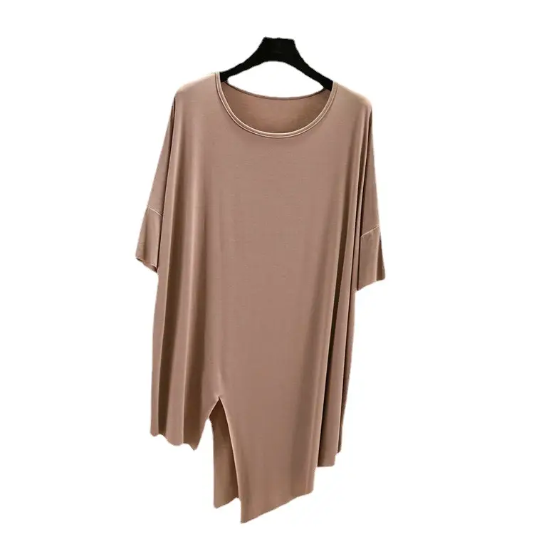 Women's Beige Modal T-Shirt Mid Length Loose Fit - Image 10