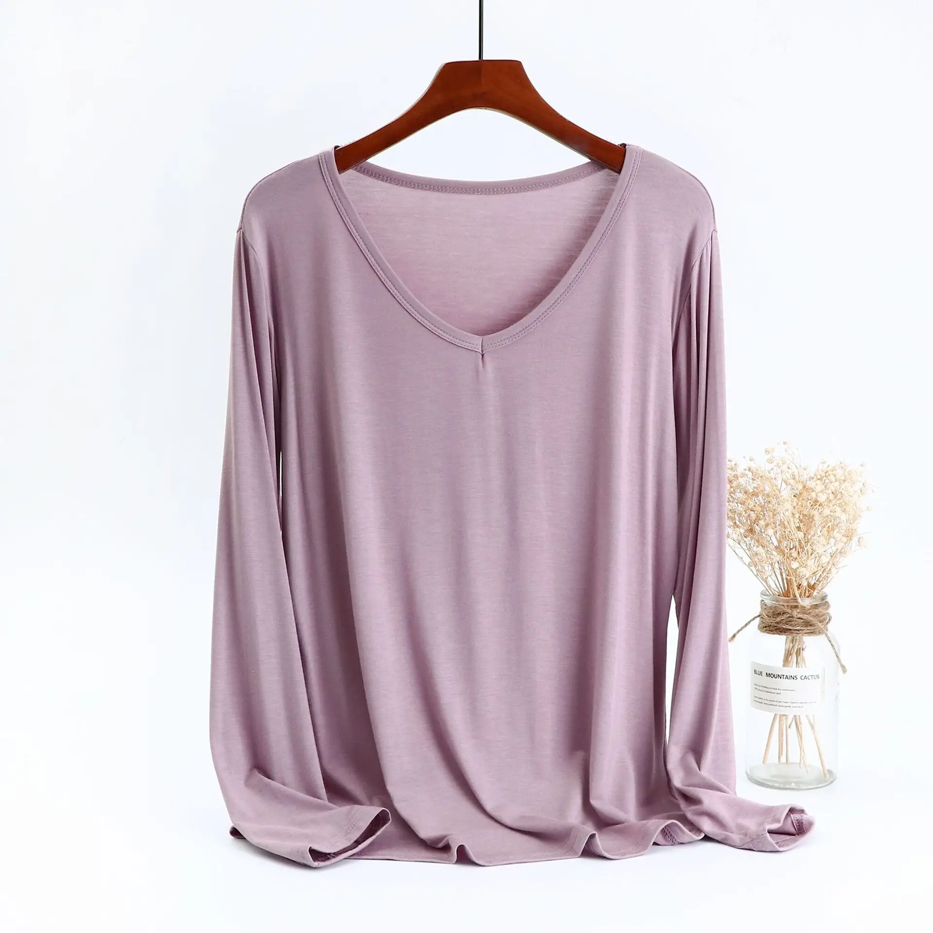 V-Neck Fat Girls Base Shirt Long Sleeve Modal T-Shirt Women - Image 7
