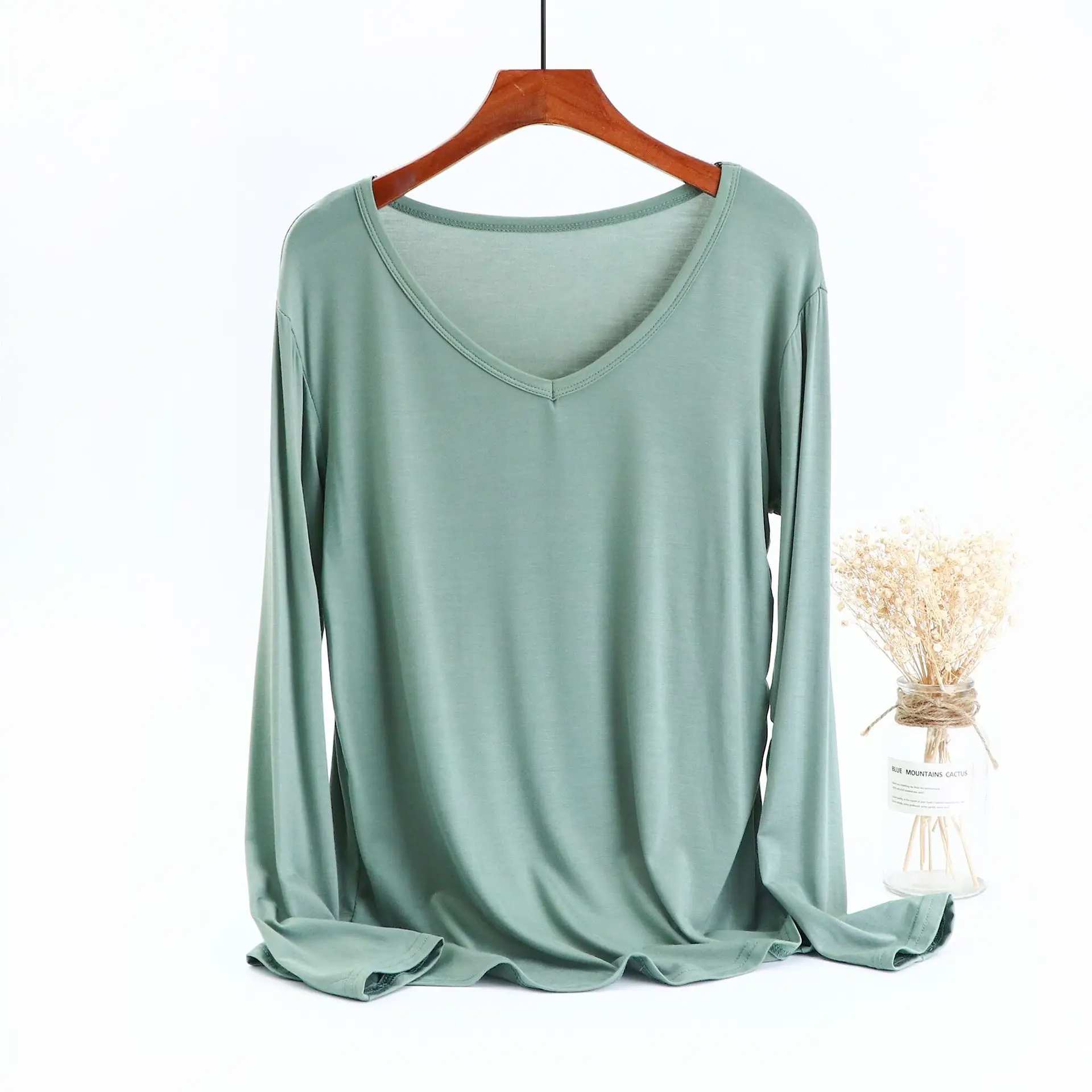 V-Neck Fat Girls Base Shirt Long Sleeve Modal T-Shirt Women - Image 4