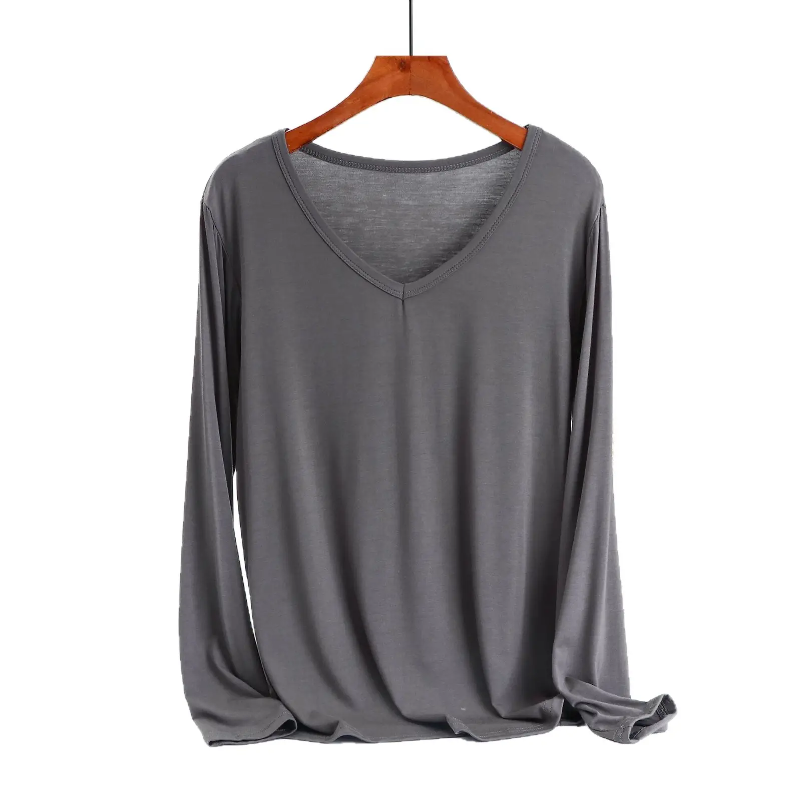 V-Neck Fat Girls Base Shirt Long Sleeve Modal T-Shirt Women - Image 9