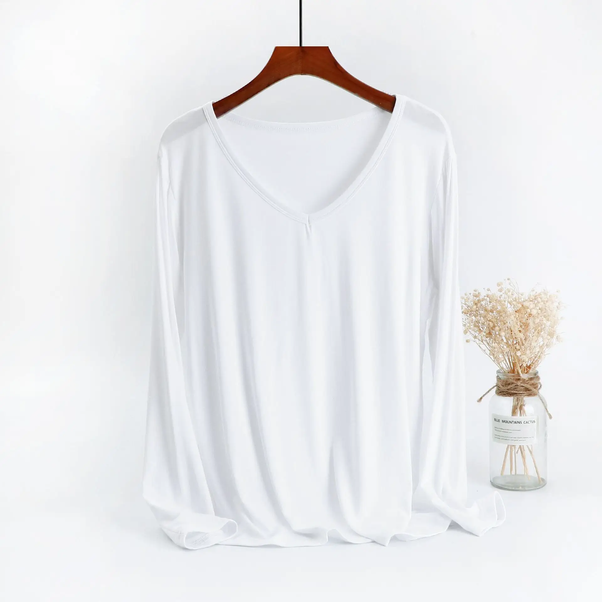 V-Neck Fat Girls Base Shirt Long Sleeve Modal T-Shirt Women - Image 3