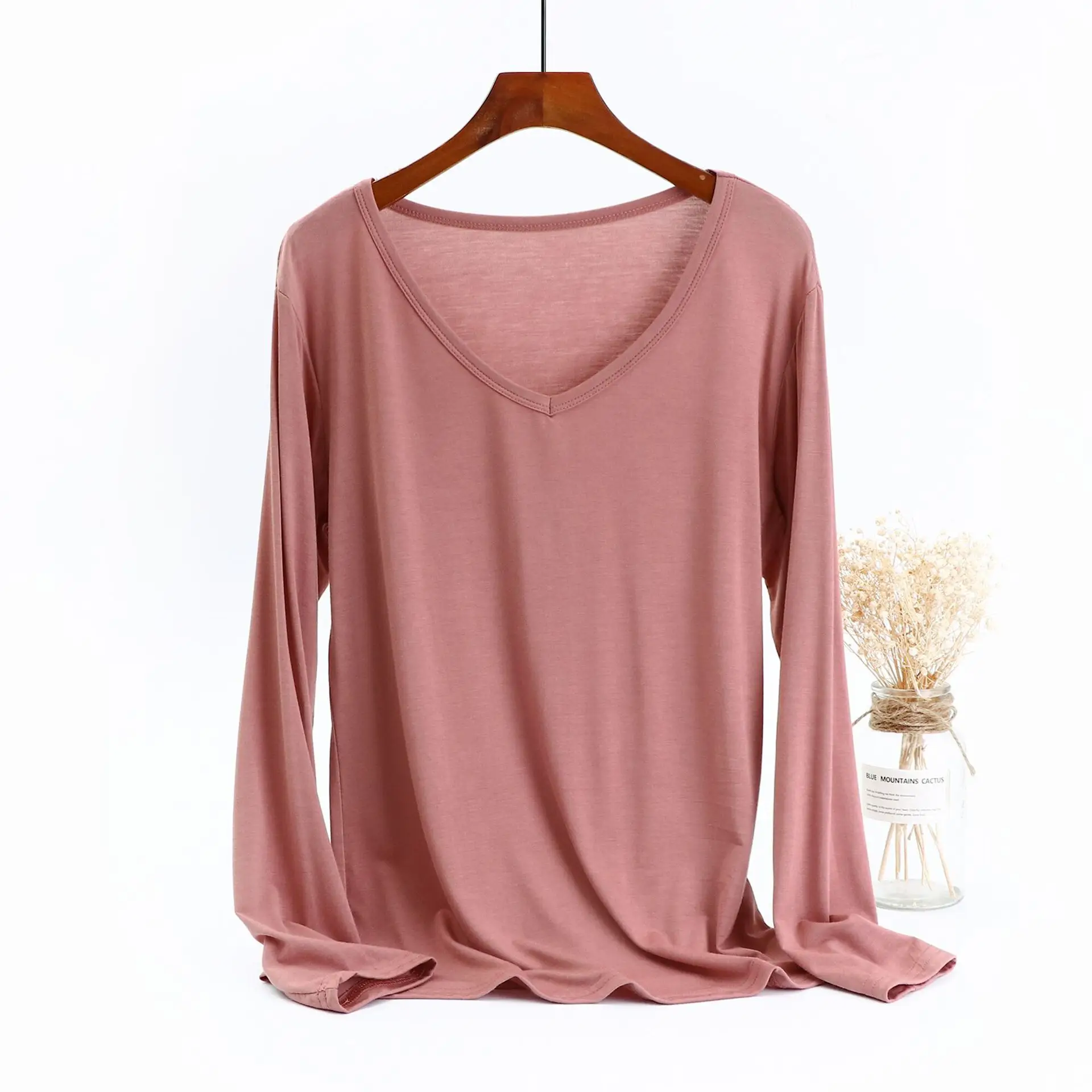 V-Neck Fat Girls Base Shirt Long Sleeve Modal T-Shirt Women - Image 5