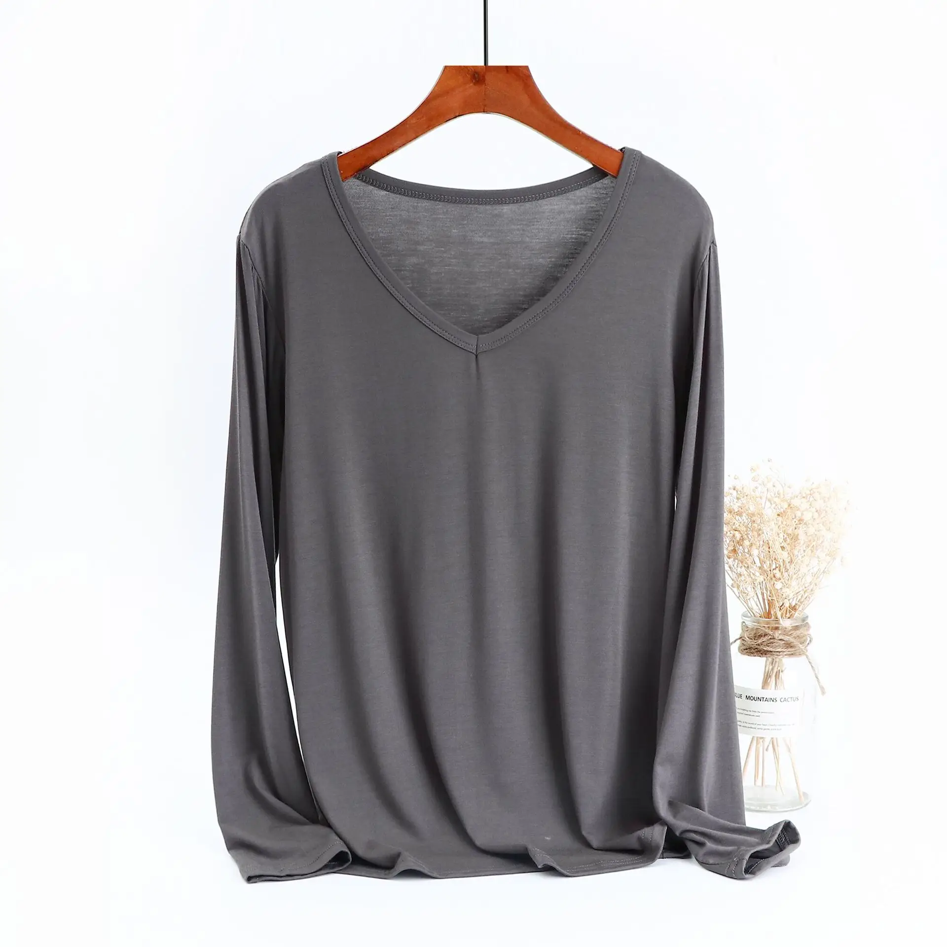V-Neck Fat Girls Base Shirt Long Sleeve Modal T-Shirt Women - Image 6