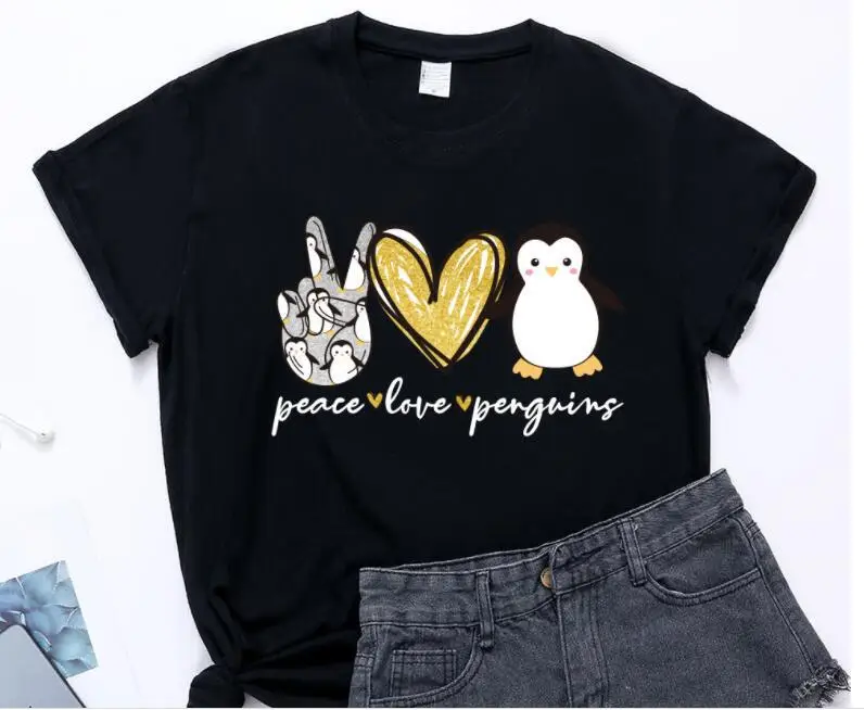 Pink T-Shirt Valentine's Day Peace Love Penguin Print - Image 2