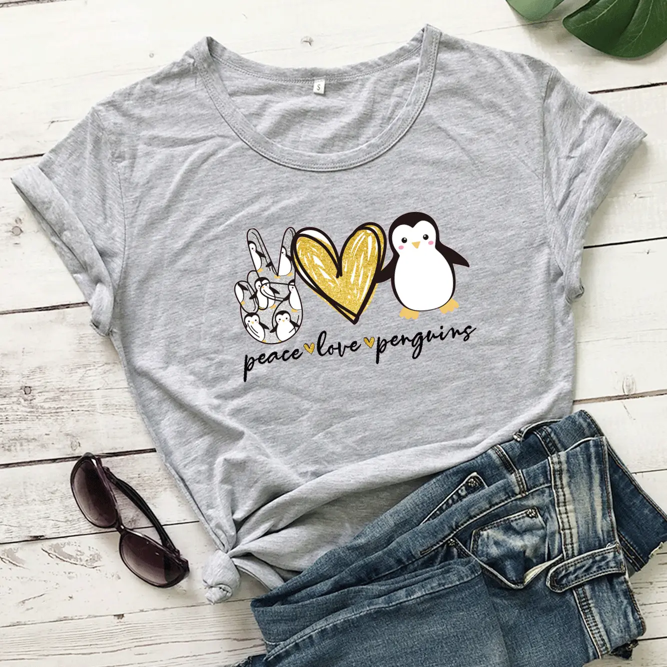 Pink T-Shirt Valentine's Day Peace Love Penguin Print - Image 3