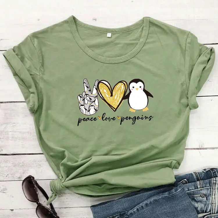 Pink T-Shirt Valentine's Day Peace Love Penguin Print - Image 4