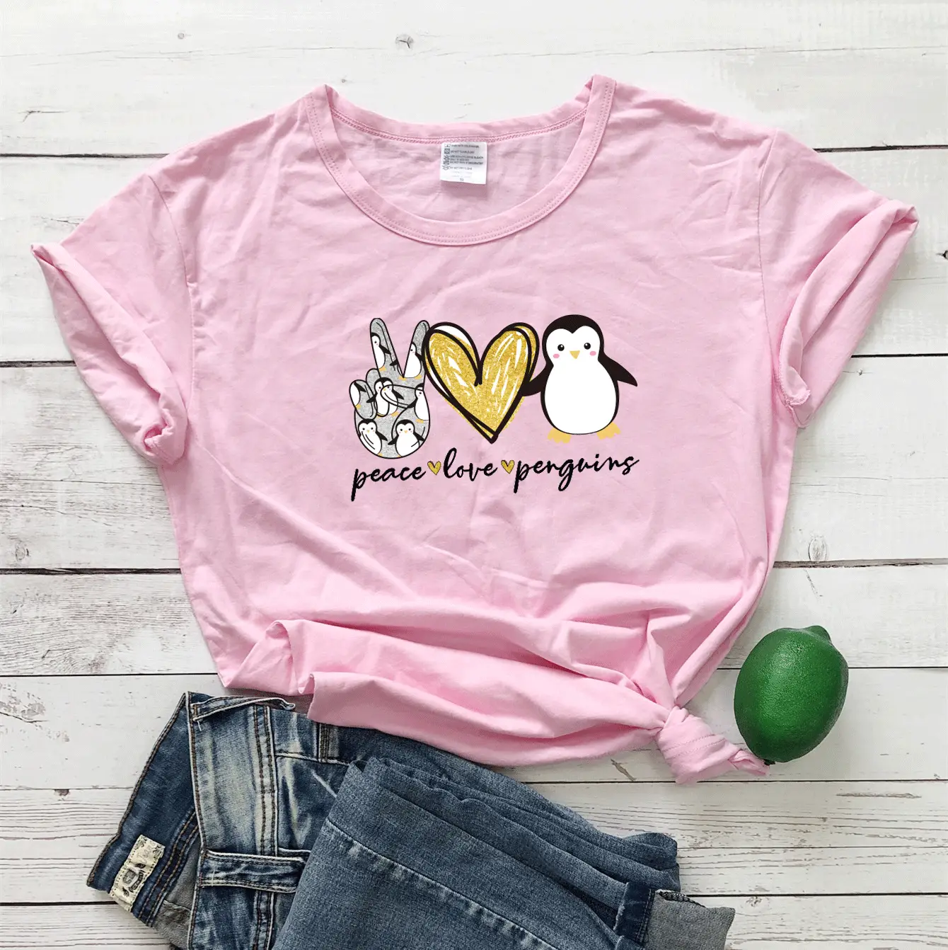 Pink T-Shirt Valentine's Day Peace Love Penguin Print - Image 6