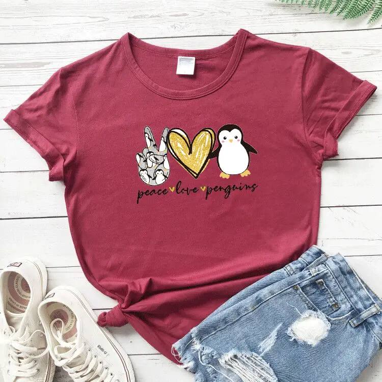 Pink T-Shirt Valentine's Day Peace Love Penguin Print - Image 7