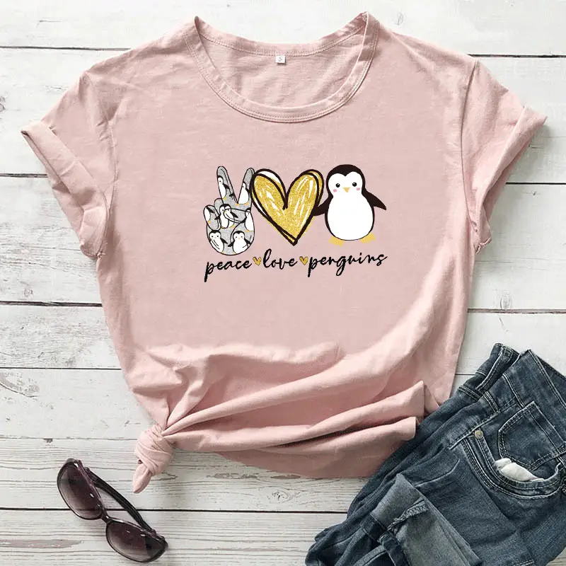Pink T-Shirt Valentine's Day Peace Love Penguin Print - Image 9