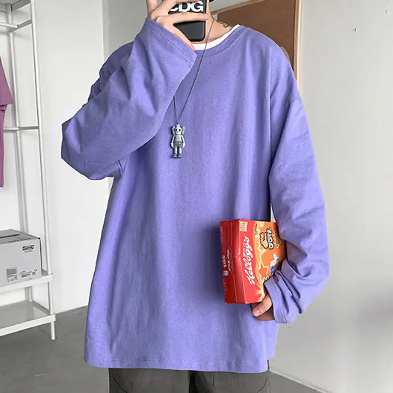 Men Long Sleeve T-Shirt Solid Teal Loose Fit - Image 11