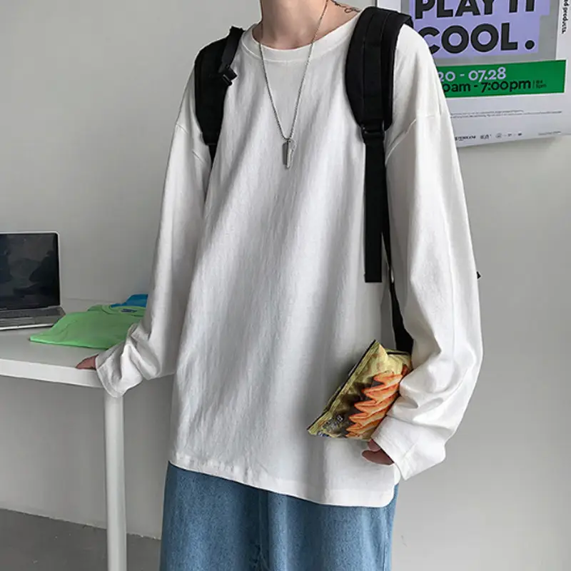 Men Long Sleeve T-Shirt Solid Teal Loose Fit - Image 12