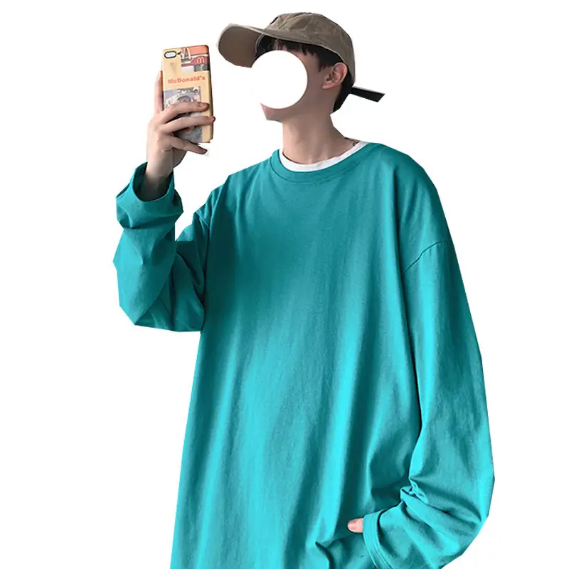 Men Long Sleeve T-Shirt Solid Teal Loose Fit - Image 13