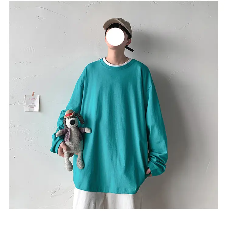 Men Long Sleeve T-Shirt Solid Teal Loose Fit — feature 10