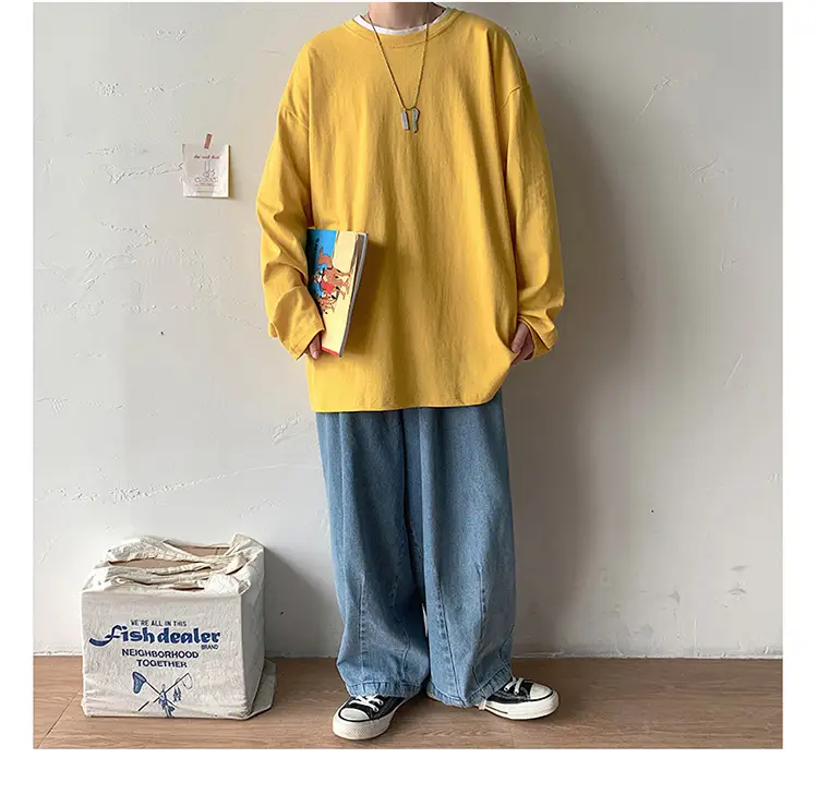 Men Long Sleeve T-Shirt Solid Teal Loose Fit — feature 14