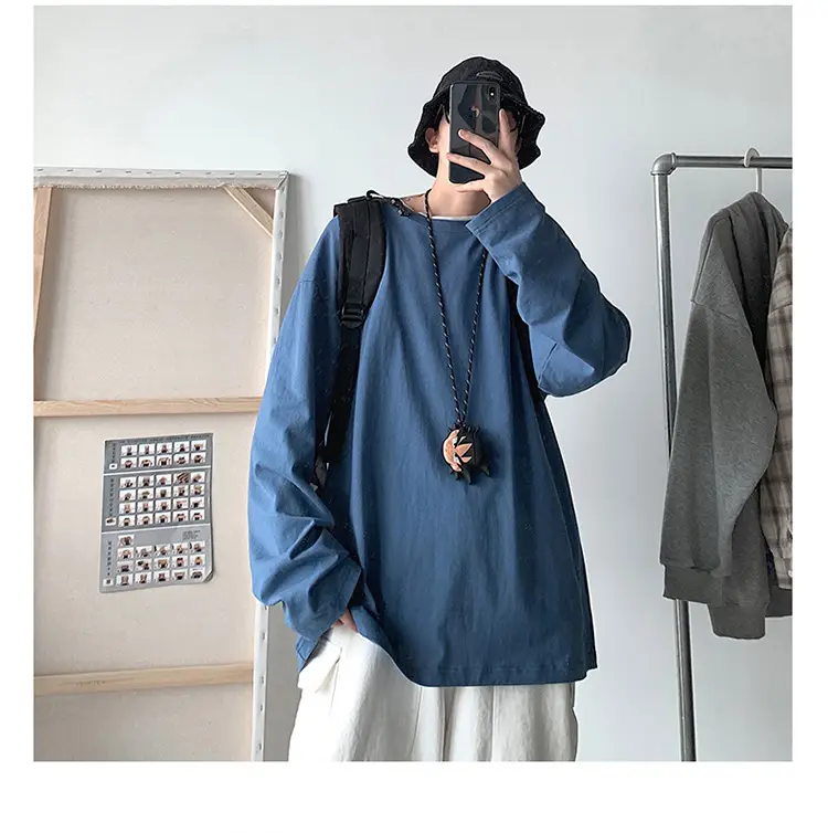 Men Long Sleeve T-Shirt Solid Teal Loose Fit — feature 15