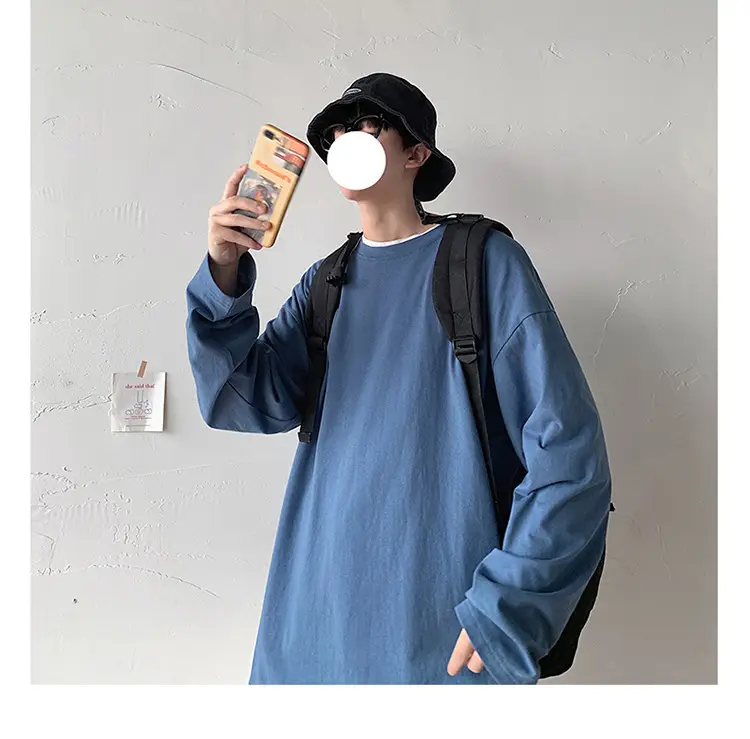 Men Long Sleeve T-Shirt Solid Teal Loose Fit — feature 16