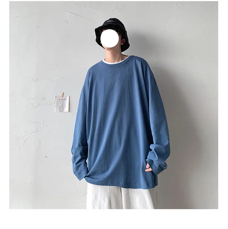 Men Long Sleeve T-Shirt Solid Teal Loose Fit — feature 17