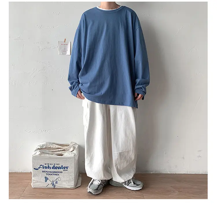 Men Long Sleeve T-Shirt Solid Teal Loose Fit — feature 18