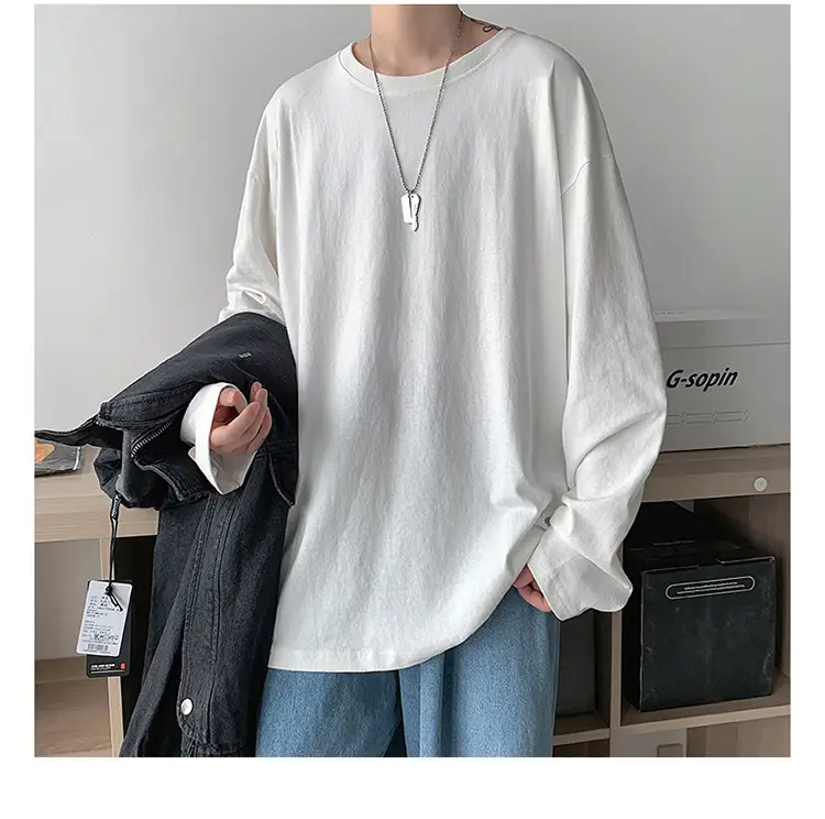 Men Long Sleeve T-Shirt Solid Teal Loose Fit — feature 2