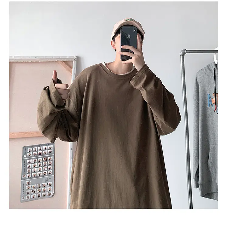 Men Long Sleeve T-Shirt Solid Teal Loose Fit — feature 24