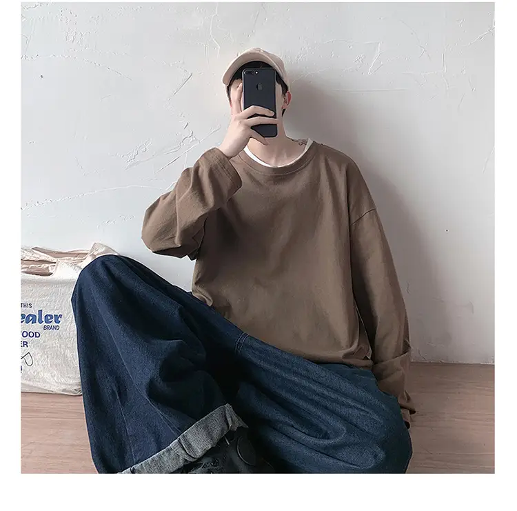 Men Long Sleeve T-Shirt Solid Teal Loose Fit — feature 25