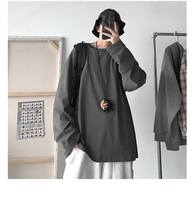 Men Long Sleeve T-Shirt Solid Teal Loose Fit — feature 26