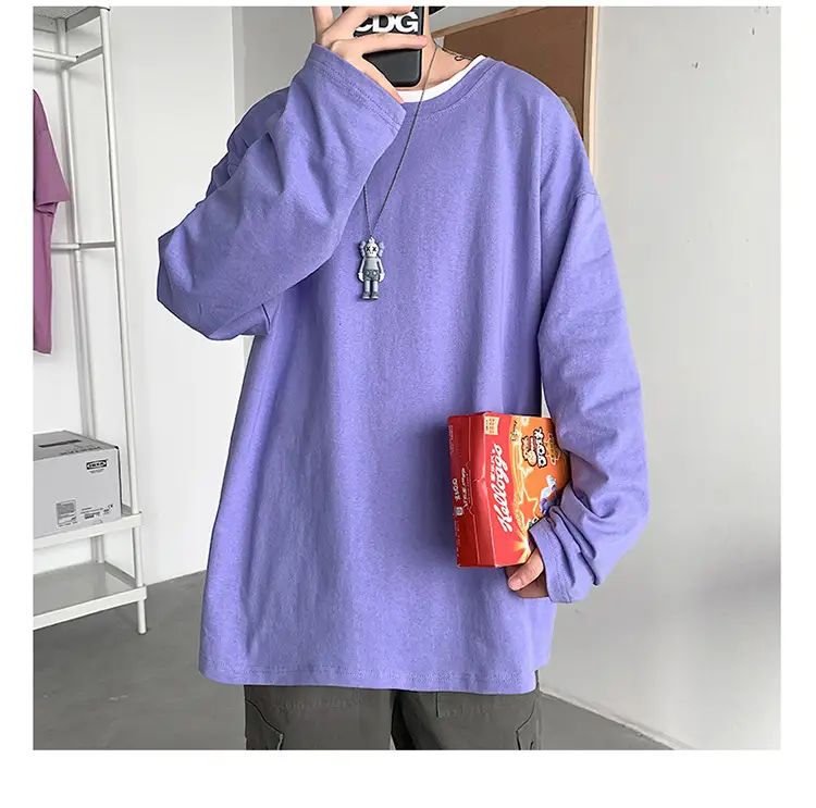 Men Long Sleeve T-Shirt Solid Teal Loose Fit — feature 31