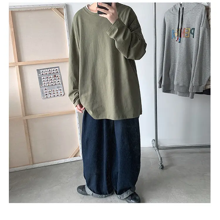 Men Long Sleeve T-Shirt Solid Teal Loose Fit — feature 34