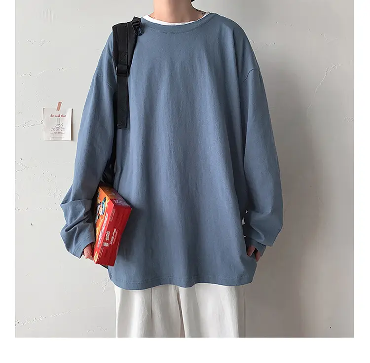 Men Long Sleeve T-Shirt Solid Teal Loose Fit — feature 35