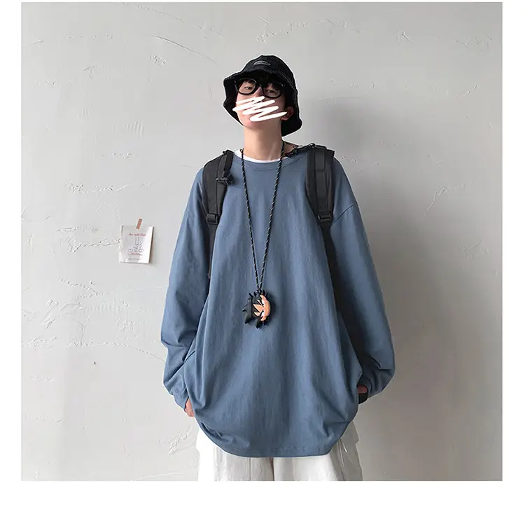 Men Long Sleeve T-Shirt Solid Teal Loose Fit — feature 36