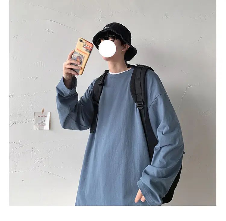 Men Long Sleeve T-Shirt Solid Teal Loose Fit — feature 37