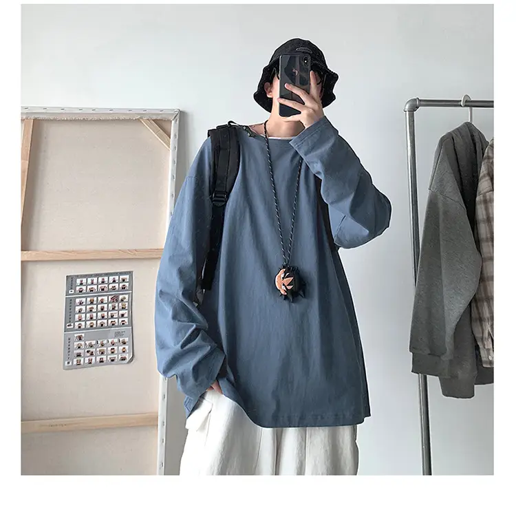 Men Long Sleeve T-Shirt Solid Teal Loose Fit — feature 38