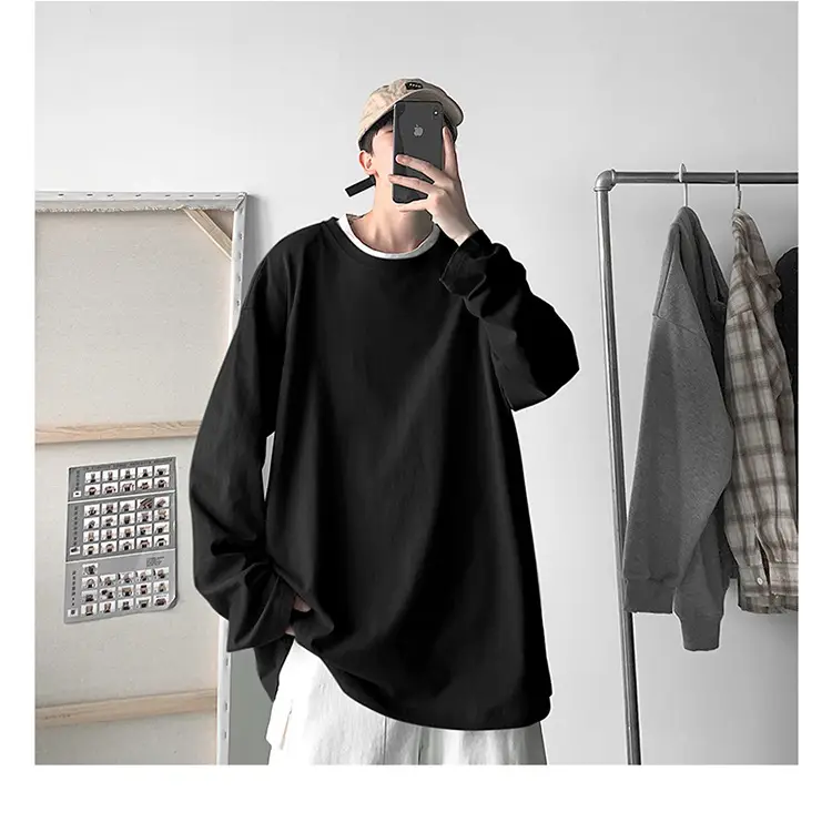 Men Long Sleeve T-Shirt Solid Teal Loose Fit — feature 39
