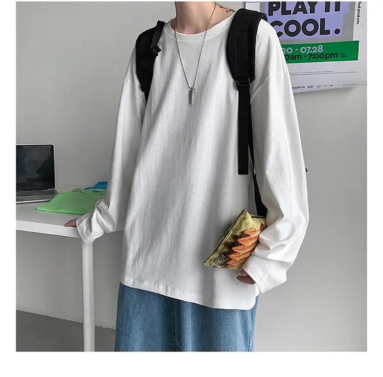 Men Long Sleeve T-Shirt Solid Teal Loose Fit — feature 4