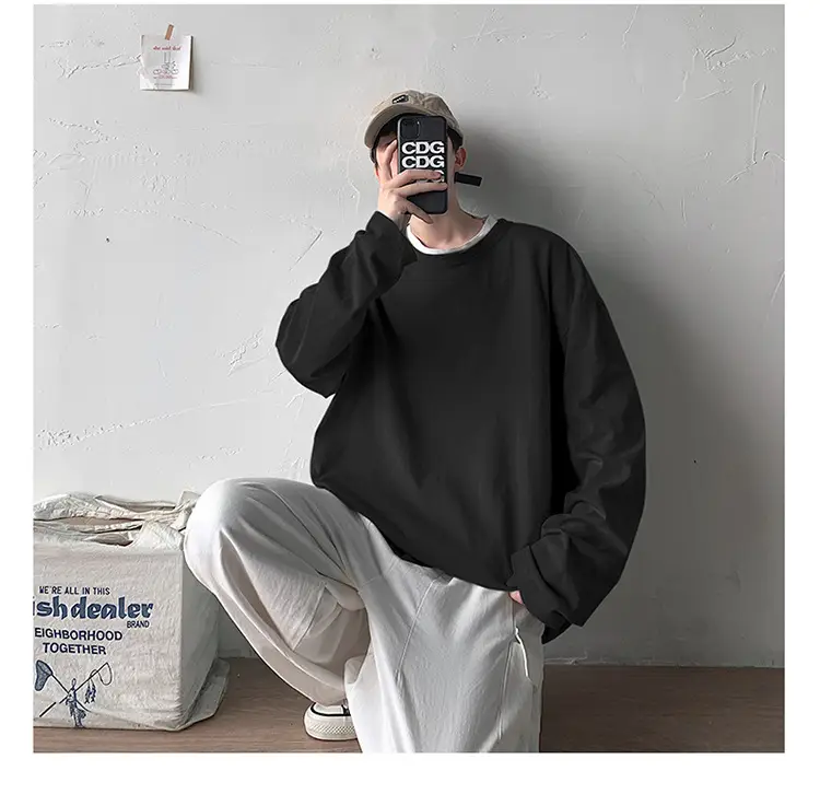 Men Long Sleeve T-Shirt Solid Teal Loose Fit — feature 42