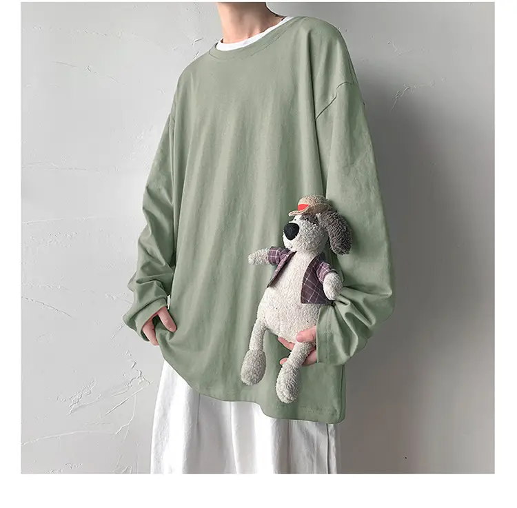 Men Long Sleeve T-Shirt Solid Teal Loose Fit — feature 45